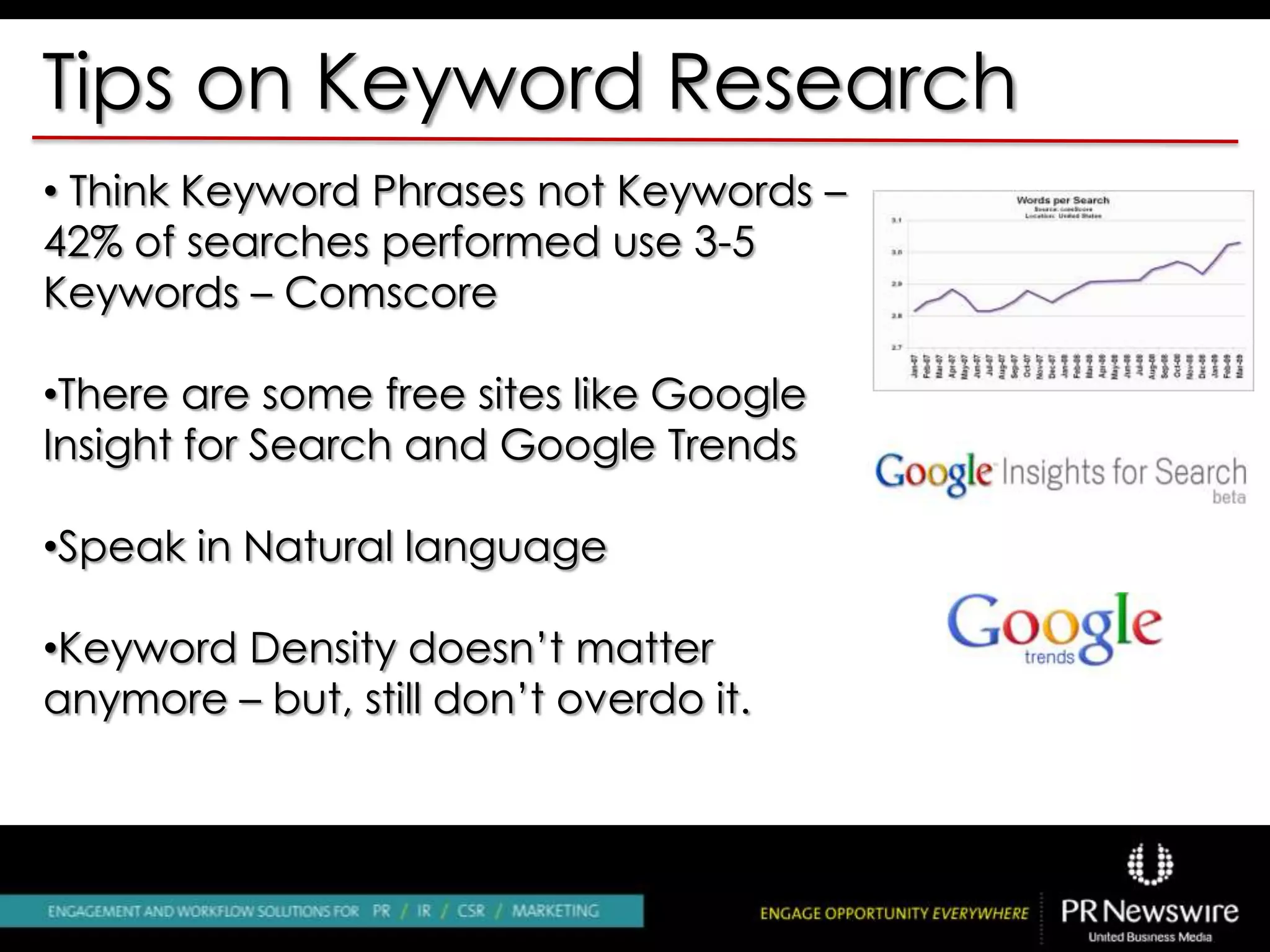 Tips on Keyword Research
• Think Keyword Phrases not Keywords –
42% of searches performed use 3-5
Keywords – Comscore
•There are some free sites like Google
Insight for Search and Google Trends
•Speak in Natural language
•Keyword Density doesn’t matter
anymore – but, still don’t overdo it.