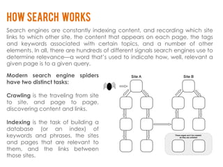 How search works
Search engines are constantly indexing content, and recording which site
links to which other site, the content that appears on each page, the tags
and keywords associated with certain topics, and a number of other
elements. In all, there are hundreds of different signals search engines use to
determine relevance—a word that’s used to indicate how, well, relevant a
given page is to a given query.

Modern search engine spiders
have two distinct tasks:

Crawling is the traveling from site
to site, and page to page,
discovering content and links.

Indexing is the task of building a
database (or an index) of
keywords and phrases, the sites
and pages that are relevant to
them, and the links between
those sites.
 