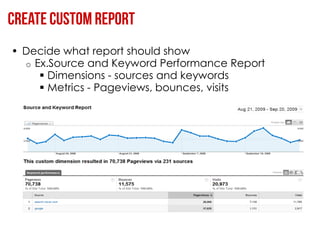 • Decide what report should show
  o Ex.Source and Keyword Performance Report
      Dimensions - sources and keywords
      Metrics - Pageviews, bounces, visits
 