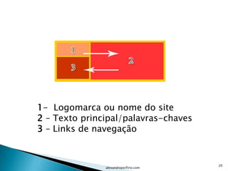 1- Logomarca ou nome do site
2 – Texto principal/palavras-chaves
3 – Links de navegação


                                       20
               alexandreporfirio.com
 