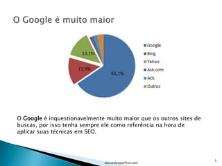 O Google é inquestionavelmente muito maior que os outros sites de
buscas, por isso tenha sempre ele como referência na hora de
aplicar suas técnicas em SEO.




                                                                    5
                               alexandreporfirio.com
 
