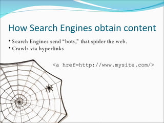 How Search Engines obtain content Search Engines send “bots,” that spider the web. Crawls via hyperlinks <a href=http://www.mysite.com/> 
