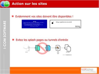 Action sur les sites Evidemment vos sites doivent être disponibles ! Evitez les splash pages ou tunnels d’entrée 