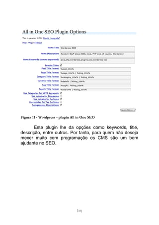 Figura 11 - Wordpress - plugin All in One SEO

       Este plugin lhe da opções como keywords, title,
descrição, entre outros. Por tanto, para quem não deseja
mexer muito com programação os CMS são um bom
ajudante no SEO.




                                  [38]
 