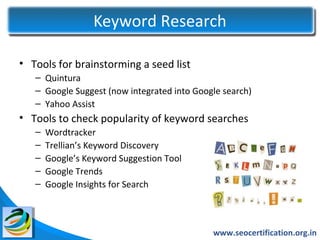 Keyword Research

• Tools for brainstorming a seed list
   – Quintura
   – Google Suggest (now integrated into Google search)
   – Yahoo Assist
• Tools to check popularity of keyword searches
   –   Wordtracker
   –   Trellian’s Keyword Discovery
   –   Google’s Keyword Suggestion Tool
   –   Google Trends
   –   Google Insights for Search



                                             www.seocertification.org.in
 