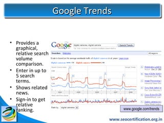 Google Trends


• Provides a
  graphical,
  relative search
  volume
  comparison.
• Enter in up to
  5 search
  terms.
• Shows related
  news.
• Sign-in to get
  relative
  ranking.                             www.google.com/trends
                                       www.google.com/trends

                                www.seocertification.org.in
 