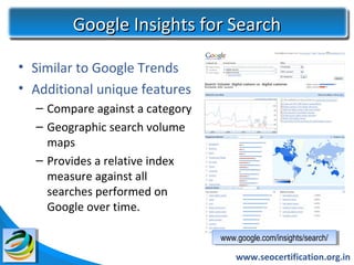 Google Insights for Search

• Similar to Google Trends
• Additional unique features
  – Compare against a category
  – Geographic search volume
    maps
  – Provides a relative index
    measure against all
    searches performed on
    Google over time.

                                 www.google.com/insights/search/
                                  www.google.com/insights/search/

                                     www.seocertification.org.in
 