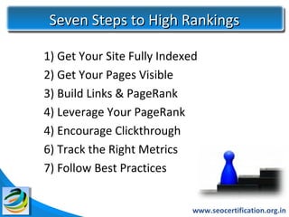Seven Steps to High Rankings

1) Get Your Site Fully Indexed
2) Get Your Pages Visible
3) Build Links & PageRank
4) Leverage Your PageRank
4) Encourage Clickthrough
6) Track the Right Metrics
7) Follow Best Practices


                             www.seocertification.org.in
 