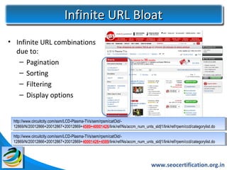 Infinite URL Bloat
• Infinite URL combinations
  due to:
   – Pagination
   – Sorting
   – Filtering
   – Display options


 http://www.circuitcity.com/ssm/LCD-Plasma-TVs/sem/rpsm/catOid/-
  http://www.circuitcity.com/ssm/LCD-Plasma-TVs/sem/rpsm/catOid/-
 12869/N/20012866+20012867+20012869+4589+40001426/link/ref/Ns/accm_num_unts_sld|1/link/ref/rpem/ccd/categorylist.do
  12869/N/20012866+20012867+20012869+4589+40001426/link/ref/Ns/accm_num_unts_sld|1/link/ref/rpem/ccd/categorylist.do

 http://www.circuitcity.com/ssm/LCD-Plasma-TVs/sem/rpsm/catOid/-
  http://www.circuitcity.com/ssm/LCD-Plasma-TVs/sem/rpsm/catOid/-
 12869/N/20012866+20012867+20012869+40001426+4589/link/ref/Ns/accm_num_unts_sld|1/link/ref/rpem/ccd/categorylist.do
  12869/N/20012866+20012867+20012869+40001426+4589/link/ref/Ns/accm_num_unts_sld|1/link/ref/rpem/ccd/categorylist.do




                                                                              www.seocertification.org.in
 