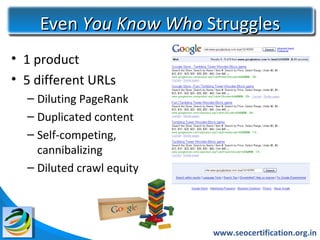 Even You Know Who Struggles
• 1 product
• 5 different URLs
  – Diluting PageRank
  – Duplicated content
  – Self-competing,
    cannibalizing
  – Diluted crawl equity




                           www.seocertification.org.in
 