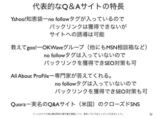 代表的なQ＆Aサイトの特長
33イーンスパイア(株) 横田秀珠の著作権を尊重しつつ、是非ノウハウはシェアして行きましょう。
Yahoo!知恵袋ーno followタグが入っているので
       バックリンクは獲得できないが
       サイトへの誘導は可能
教えてgoo!ーOKWaveグループ（他にもMSN相談箱など）
      no followタグは入っていないので
      バックリンクを獲得できSEO対策も可
All About ProFileー専門家が答えてくれる。
        no followタグは入っていないので
        バックリンクを獲得できSEO対策も可
Quoraー実名のQ&Aサイト（米国）のクローズドSNS
 