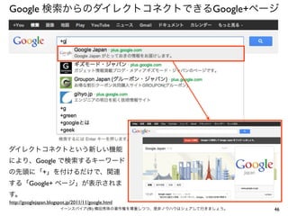 Google 検索からのダイレクトコネクトできるGoogle+ページ
46イーンスパイア(株) 横田秀珠の著作権を尊重しつつ、是非ノウハウはシェアして行きましょう。
http://googlejapan.blogspot.jp/2011/11/google.html
ダイレクトコネクトという新しい機能
により、Google で検索するキーワード
の先頭に「+」を付けるだけで、関連
する「Google+ ページ」が表示されま
す。
 