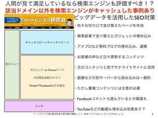 7イーンスパイア(株) 横田秀珠の著作権を尊重しつつ、是非ノウハウはシェアして行きましょう。
左メニュー
フッタ
キャッチコピー＋キャッチイメージ
ガジェット or iFrameページ
※引用元は別ドメイン
TwitterやFacebookなども含む
人間が見て満足しているなら検索エンジンも評価すべき！？
該当ドメイン以外を検索エンジンがキャッシュした事例あり
ビッグデータを活用したSEO対策
・色々な切り口で並び替えたページを作成
・検索結果で並べ替えたガジェットの埋め込み
・アメブロなど無料ブログの埋め込み、連携
・お客様の声など日々更新するコンテンツ
・元のコンテンツと別でサテライトサイトに流用
・画像などの別サーバーから読み込みは一般的
・ただし重複コンテンツには注意が必要
・Facebookコメントも読んでいるとの報道も
・YouTubeなどの動画も埋め込み効果あり？
 
