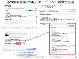 76イーンスパイア(株) 横田秀珠の著作権を尊重しつつ、是非ノウハウはシェアして行きましょう。
一部の検索結果でYahoo!カテゴリへの誘導が復活
∼∼∼∼∼∼∼∼∼∼∼
 