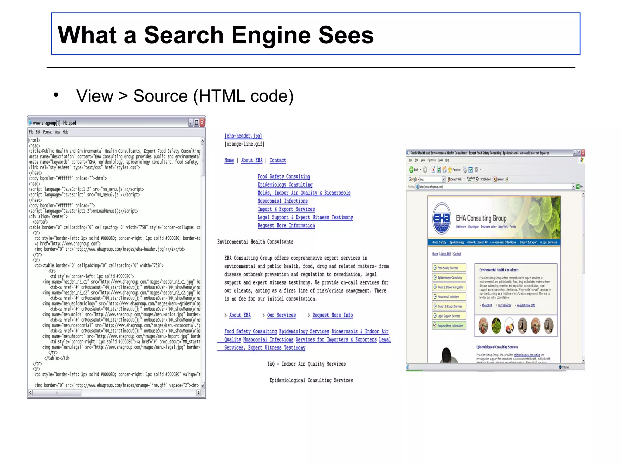 What a Search Engine Sees
• View > Source (HTML code)
 