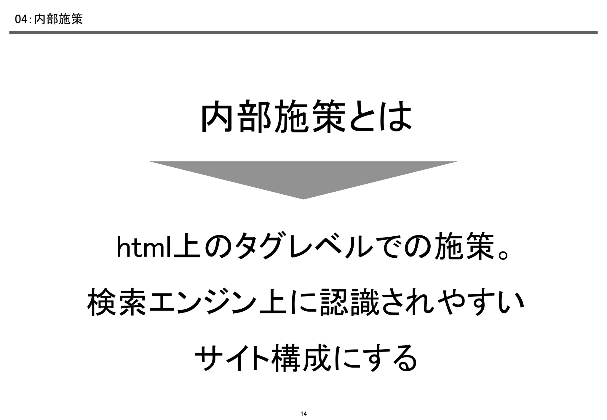 04：内部施策	

内部施策とは	

html上のタグレベルでの施策。	
検索エンジン上に認識されやすい	
サイト構成にする	
14

 