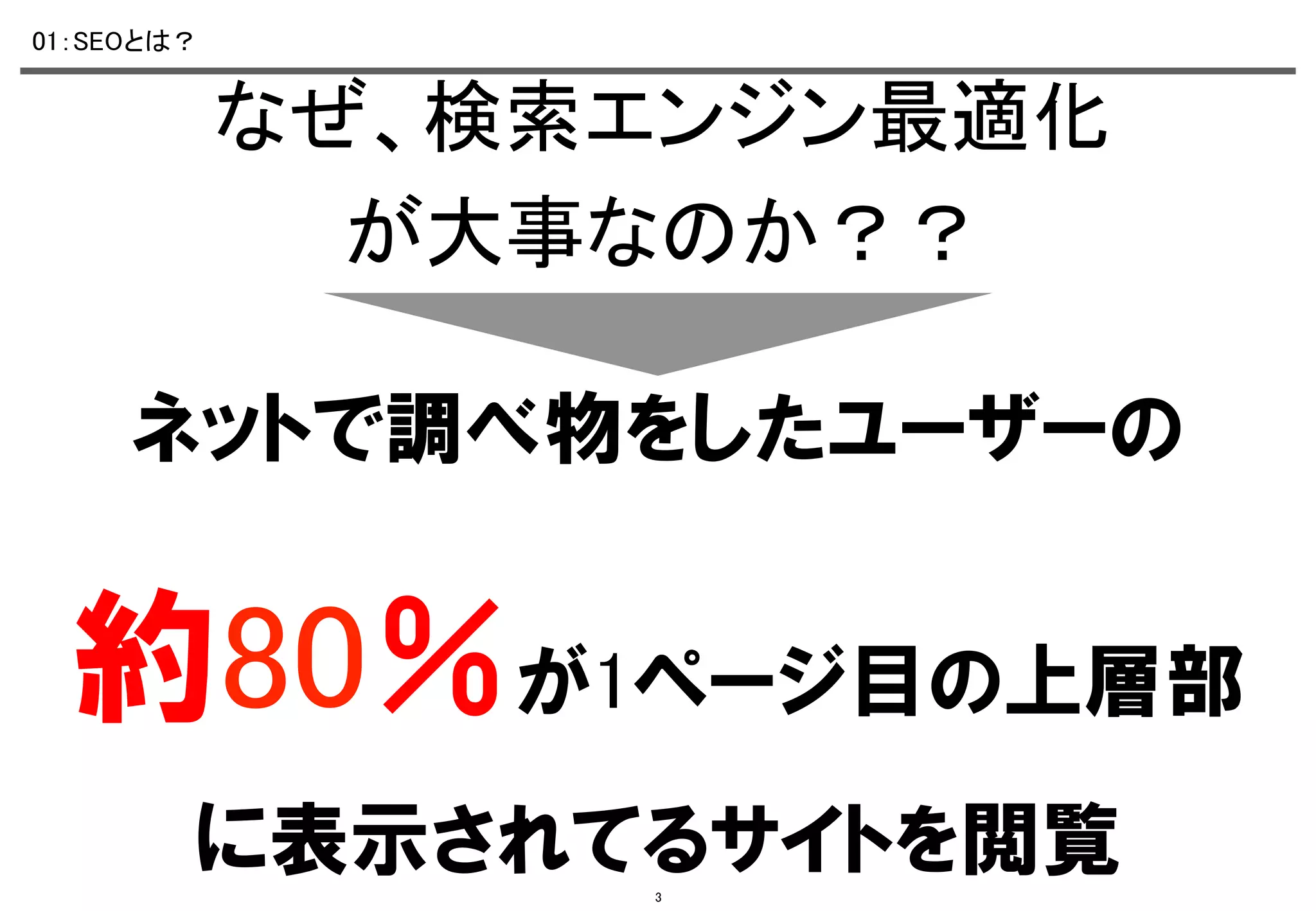 01：SEOとは？	

なぜ、検索エンジン最適化	
が大事なのか？？　　	
ネットで調べ物をしたユーザーの	

約80％が1ページ目の上層部	
に表示されてるサイトを閲覧　	
3

 