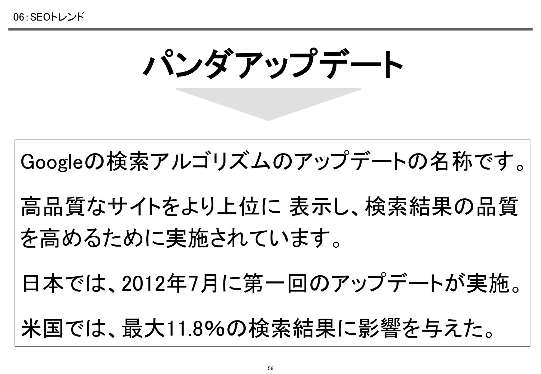 06：SEOトレンド	

パンダアップデート	
Googleの検索アルゴリズムのアップデートの名称です。	
高品質なサイトをより上位に 表示し、検索結果の品質
を高めるために実施されています。	
日本では、2012年7月に第一回のアップデートが実施。	
米国では、最大11.8％の検索結果に影響を与えた。	
56

 