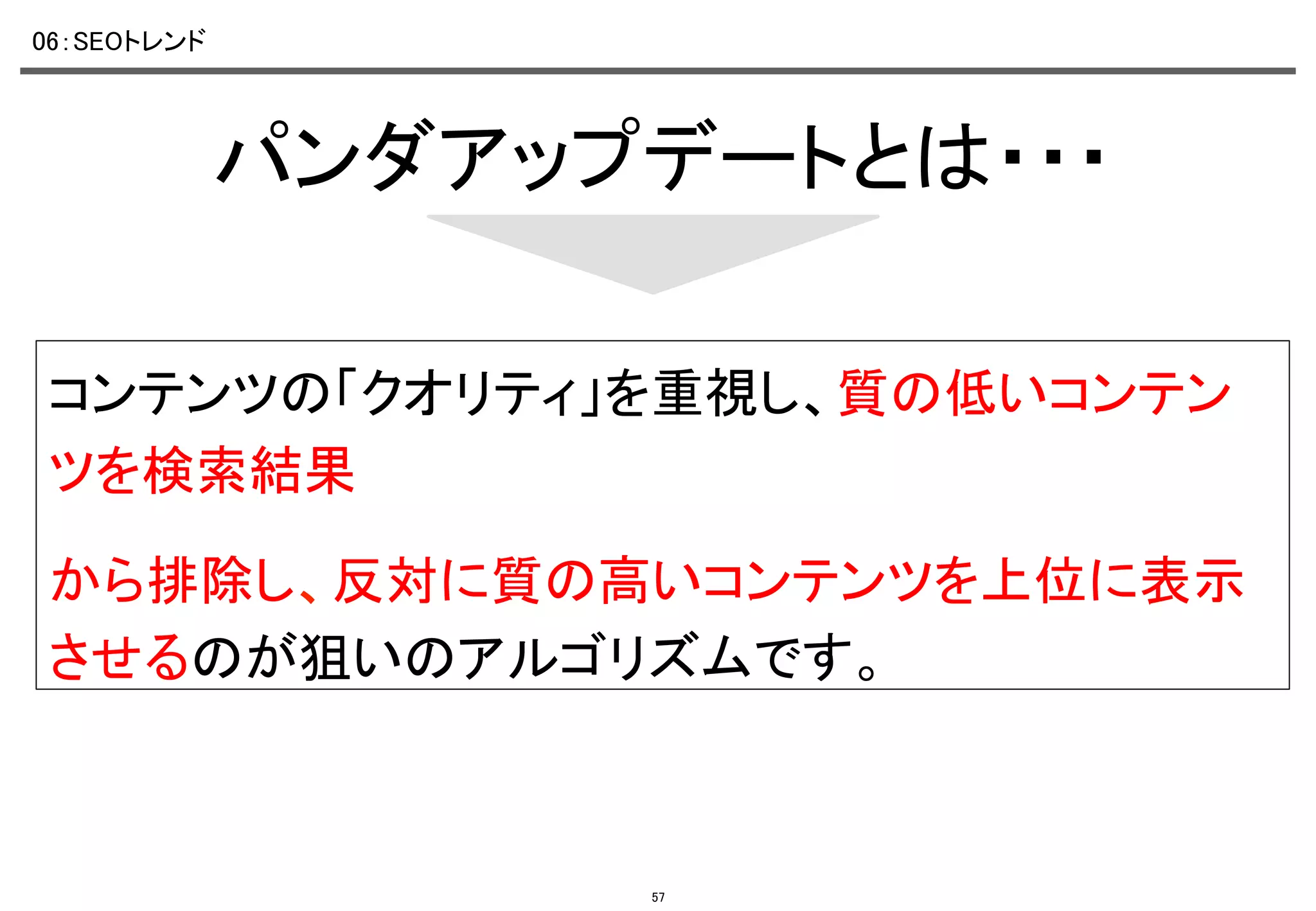 06：SEOトレンド	

パンダアップデートとは・・・	
コンテンツの「クオリティ」を重視し、質の低いコンテン
ツを検索結果	
から排除し、反対に質の高いコンテンツを上位に表示
させるのが狙いのアルゴリズムです。	

57

 