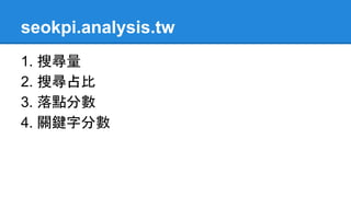 seokpi.analysis.tw
1. 搜尋量
2. 搜尋占比
3. 落點分數
4. 關鍵字分數
 