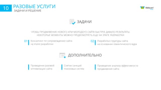РАЗОВЫЕ УСЛУГИ
ЗАДАЧИ И РЕШЕНИЕ
10
ЗАДАЧИ
ДОПОЛНИТЕЛЬНО
Консалтинг по сопровождению сайта
на этапе разработки
01 Разработка структуры сайта
на основании семантического ядра
02
Проведение разовой
оптимизации сайта
Снятие санкций
поисковых систем
Проведение анализа эффективности
продвижения сайта
ЧТОБЫ ПРОДВИЖЕНИЕ НОВОГО ИЛИ МОЛОДОГО САЙТА БЫСТРЕЕ ДАВАЛО РЕЗУЛЬТАТЫ,
НЕКОТОРЫЕ МОМЕНТЫ МОЖНО ПРЕДУСМОТРЕТЬ ЕЩЕ НА ЭТАПЕ РАЗРАБОТКИ
 