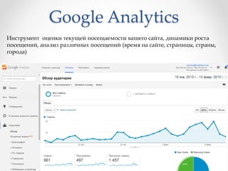 Google Analytics
Инструмент оценки текущей посещаемости вашего сайта, динамики роста
посещений, анализ различных посещений (время на сайте, страницы, страны,
города)
 