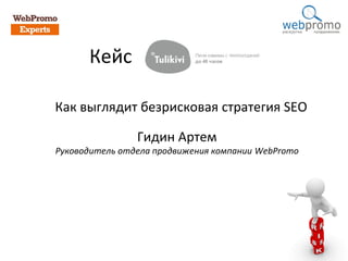 Кейс
Как выглядит безрисковая стратегия SEO
Гидин Артем
Руководитель отдела продвижения компании WebPromo
 