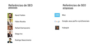 Referências de SEO
empresas
Rand Fishkin
Fábio Ricotta
Moz
Diego Ivo
Rodrigo Nascimento
Rafael Damasceno
Referências de SEO
pessoas
Google, seus perfis e profissionais
Hubspot
 