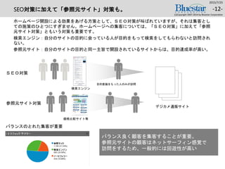 SEO対策に加えて「参照元サイト」対策も。
ホームページ開設による効果をあげる方策として、ＳＥＯ対策が叫ばれていますが、それは集客とし
ての施策のひとつにすぎません。ホームページへの集客については、「ＳＥＯ対策」に加えて「参照
元サイト対策」ともいう対策も重要です。
検索エンジン：自分のサイトの目的に会っている人が目的をもって検索をしてもらわないと訪問され
ない。
参照元サイト：自分のサイトの目的と同一主旨で開設されているサイトからは、目的達成率が高い。
2015/7/25
(c)Copyright 2007-2014 by Bluestar Corporation
-12-
目的意識をもった人のみが訪問
検索エンジン
デジカメ通販サイト
価格比較サイト等
バランス良く顧客を集客することが重要。
参照元サイトの顧客はネットサーフィン感覚で
訪問をするため、一般的には回遊性が高い
ＳＥＯ対策
参照元サイト対策
バランスのとれた集客が重要
 