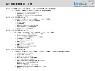 各分冊の主要項目 目次
ＳＥＯ (1/4) 検索エンジンマーケティングについての考え方（基礎知識）
‒ マニュアル対象：企業経営者、マーケティング責任者、その他関係者全員。
• マーケティングとしてのSEOの考え方について
• 目的を明確にして取り組むSEOが本質
• 目的を達成する手法のひとつがSEOであると捕らえよ
ＳＥＯ (2/4) SEO実践マニュアル
‒ マニュアル対象：WEB制作者、システム管理者、マーケティング従事者
• 検索エンジンマーケティングについての基礎知識
• キーフレーズ選択
• SEO施策の実践
• 検索エンジンに読み込まれて欲しくない対策
• ＳＥＯと補完関係にある検索連動型広告
• 日々チューンナップが必要なSEO
ＳＥＯ (3/4) SEO実践マニュアル
‒ マニュアル対象：WEB制作者、システム管理者、マーケティング従事者
• Google search Console(旧ウェッブマスターツール)活用
• Bing.com Webmaster Center (Microsoft)活用
• Google, Yahooでのサイト管理者アカウントの利用設計
• SEO対策[外部リンク獲得策]
• モバイル用ＳＥＯ対策について
• 国際SEOについて
• アクセス解析によるSEO効果の検証
• 検索エンジンスパムについて
• 悪質なＳＥＯ業者の提案に気をつけよう
• よくある質問への回答集
ＳＥＯ (4/4) SEOの強化方策
‒ マニュアル対象：WEB制作者、システム管理者、マーケティング従事者。（社内協力要請用の配布資料含む）
• コンテンツ作成についての考え方
• コンテンツ制作上の注意点
• アンカーテキストの正しい使い方
• 被リンクおよび参照元サイト対策の重要性
• PCサイト/モバイルサイトへの適応策
• 外部リンク施策の秘策（参照元サイト対策、被リンク対策）
• 逆ＳＥＯについて（特定の検索結果を下げる）
楽天のサイト内検索対策
• Google ウェッブマスターツール活用(応用編)
• 検索連動型広告(Search Advertising) の効果を700%にする方策
• 無料のマーケティングツール
2015/7/25
(c)Copyright 2007-2014 by Bluestar Corporation
-4-
 