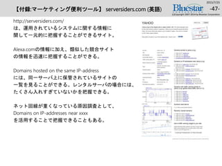 【付録:マーケティング便利ツール】 serversiders.com (英語)
http://serversiders.com/
は、運用されているシステムに関する情報に
関して一元的に把握することができるサイト。
Alexa.comの情報に加え、類似した競合サイト
の情報を迅速に把握することができる。
Domains hosted on the same IP-address
には、同一サーバ上に保管されているサイトの
一覧を見ることができる。レンタルサーバの場合には、
たくさん入れすぎていないかを把握できる。
ネット回線が重くなっている原因調査として、
Domains on IP-addresses near xxxx
を活用することで把握できることもある。
2015/7/25
(c)Copyright 2007-2014 by Bluestar Corporation
-47-
 