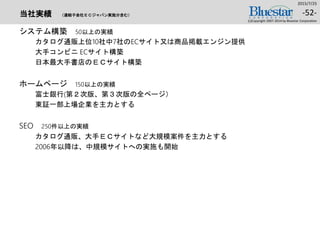 当社実績 （連結子会社ＥＣジャパン実施分含む）
システム構築 50以上の実績
カタログ通販上位10社中7社のECサイト又は商品掲載エンジン提供
大手コンビニ ECサイト構築
日本最大手書店のＥＣサイト構築
ホームページ 150以上の実績
富士銀行(第２次版、第３次版の全ページ）
東証一部上場企業を主力とする
SEO 250件以上の実績
カタログ通販、大手ＥＣサイトなど大規模案件を主力とする
2006年以降は、中規模サイトへの実施も開始
2015/7/25
(c)Copyright 2007-2014 by Bluestar Corporation
-52-
 