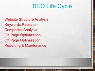 SEO Life Cycle
• Website Structure Analysis
• Keywords Research
• Competitor Analysis
• On Page Optimization
• Off Page Optimization
• Reporting & Maintenance
 
