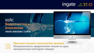 МАЛО ЗАКАЗОВ С САЙТА
Направленность продвижения только на одну
приоритетную категорию товаров
Причина низкого количества заказов:
КЕЙС
Водоочистка и
отопление
 