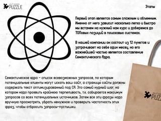 Этапы
Первый этап является самым сложным и объемным.
Именно от него зависит насколько легко и быстро
мы встанем на нужный нам курс и доберемся до
ТОПовых позиций в поисковых системах.
В нашей компании он состоит из 12 пунктов и
затрачивает на себя один месяц, но его
важнейшей частью является составление
Семантического Ядра.
Семантическое ядро - список всевозможных запросов, по которым
потенциальные клиенты могут искать ваш сайт, а страницы сайты должны
содержать текст оптимизированный под СЯ. Это самый нудный шаг, на
котором надо проявить крайнюю терпеливость, т.к. собирается максимум
запросов со всех потенциальных источников. Затем все эти фразы надо
вручную просмотреть, убрать ненужное и проверить частотность этих
фраз, чтобы отбросить запросы-пустышки.
 