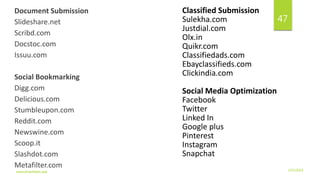 Document Submission
Slideshare.net
Scribd.com
Docstoc.com
Issuu.com
Social Bookmarking
Digg.com
Delicious.com
Stumbleupon.com
Reddit.com
Newswine.com
Scoop.it
Slashdot.com
Metafilter.com
Classified Submission
Sulekha.com
Justdial.com
Olx.in
Quikr.com
Classifiedads.com
Ebayclassifieds.com
Clickindia.com
Social Media Optimization
Facebook
Twitter
Linked In
Google plus
Pinterest
Instagram
Snapchat
3/21/2016www.dineshbabu.asia
47
 