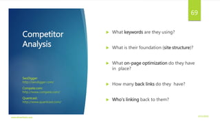 Competitor
Analysis
 What keywords are they using?
 What is their foundation (site structure)?
 What on-page optimization do they have
in place?
 How many back links do they have?
 Who’s linking back to them?
SeoDigger:
http://seodigger.com/
Compete.com:
http://www.compete.com/
Quantcast:
http://www.quantcast.com/
3/21/2016www.dineshbabu.asia
69
 