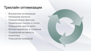 Треклайн оптимизации
- Внутренняя оптимизация
- Написание контента
- Поведенческие факторы
- Правильные ссылки и статьи
- Повышение траста сайта
- Контент-маркетинг и посевные
- Социальная активность
- Аналитика
- Повышение конверсий
 