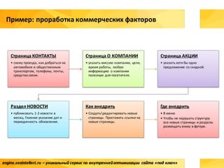 Страница КОНТАКТЫ
• схему	проезда,	как	добраться	на	
автомобиле	и	общественным	
транспортом,	телефоны,	почты,	
средства	связи.	
Страница	О	КОМПАНИИ
• указать	миссию	компании,	цели,	
время	работы,	любую	
информацию	 о	компании	
полезную	для	посетителя.
Страница	АКЦИИ
• указать	хотя	бы	одно	
предложение	со	скидкой.	
Раздел	НОВОСТИ
• публиковать	1-2	новости	в	
месяц.	Главное	указание	дат	и	
периодичность	обновления.	
Как	внедрить
• Создатьредактировать	новые	
страницы.	Проставить	ссылки	на	
новые	страницы.
Где	внедрить
• В	меню
• Чтобы	не	нарушать	структуру	
все	новые	страницы	и	разделы	
размещать	внизу	в	футере.
engine.seointellect.ru	– уникальный сервис	по	внутренней	оптимизации	 сайта	«под	ключ»
Пример:	проработка	коммерческих	факторов
 