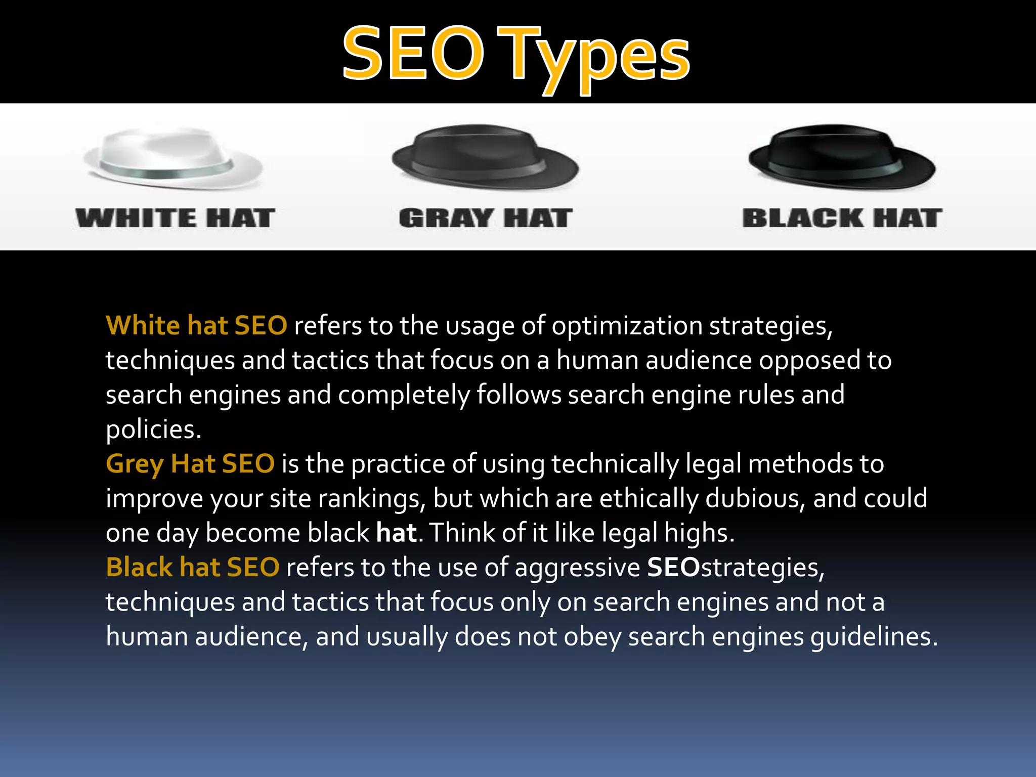 White hat SEO refers to the usage of optimization strategies,
techniques and tactics that focus on a human audience opposed to
search engines and completely follows search engine rules and
policies.
Grey Hat SEO is the practice of using technically legal methods to
improve your site rankings, but which are ethically dubious, and could
one day become black hat.Think of it like legal highs.
Black hat SEO refers to the use of aggressive SEOstrategies,
techniques and tactics that focus only on search engines and not a
human audience, and usually does not obey search engines guidelines.
 