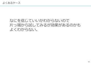 12
よくあるケース
なにを信じていいかわからないので
片っ端から試してみるが効果があるのかも
よくわからない。
 