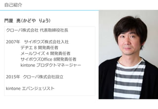 自己紹介
門屋 亮（かどや りょう）
クローバ株式会社 代表取締役社長
2007年 サイボウズ株式会社入社
デヂエ 8 開発責任者
メールワイズ 4 開発責任者
サイボウズOffice 8開発責任者
kintone プロダクトマネージャー
2015年 クローバ株式会社設立
kintone エバンジェリスト
 