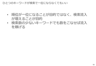 ひとつのキーワードが検索で一位にならなくてもいい
52
• 順位が一位になることが目的ではなく、検索流入
が増えることが目的
• 検索数の少ないキーワードでも数をこなせば流入
を稼げる
 