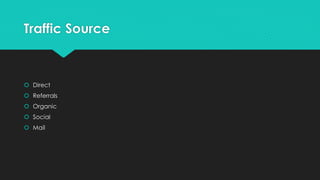 Traffic Source
 Direct
 Referrals
 Organic
 Social
 Mail
 