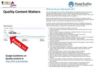 Panda  Hit Google Guidelines on  Quality content at  http://bit.ly/pandatips Quality Content Matters 