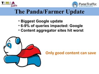 The Panda/Farmer Update Only good content can save  Biggest Google update 6-9% of queries impacted: Google Content aggregator sites hit worst 