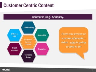 Customer Centric Content

                           Content is king. Seriously.


              Entertaining


   Offers a
                               Shareable
                                                   From one person to
    USP
                                                    a group of people –
              Customer
               Centric                             think - who is going
               Content
    Great                                                to link to it?
                                Engaging
   concept

               Fantastic
                design




                                                                          14
 