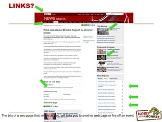 LINKS?
The bits of a web page that, when clicked, will take you to another web page or fire off an event
 