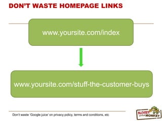 DON’T WASTE HOMEPAGE LINKS
Don‟t waste „Google juice‟ on privacy policy, terms and conditions, etc
www.yoursite.com/index
www.yoursite.com/stuff-the-customer-buys
 