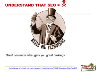 UNDERSTAND THAT SEO = N
Great content is what gets you great rankings
http://www.stochasticgeometry.ie/wp-content/uploads/2009/10/snakeoil.jpg?w=257
 